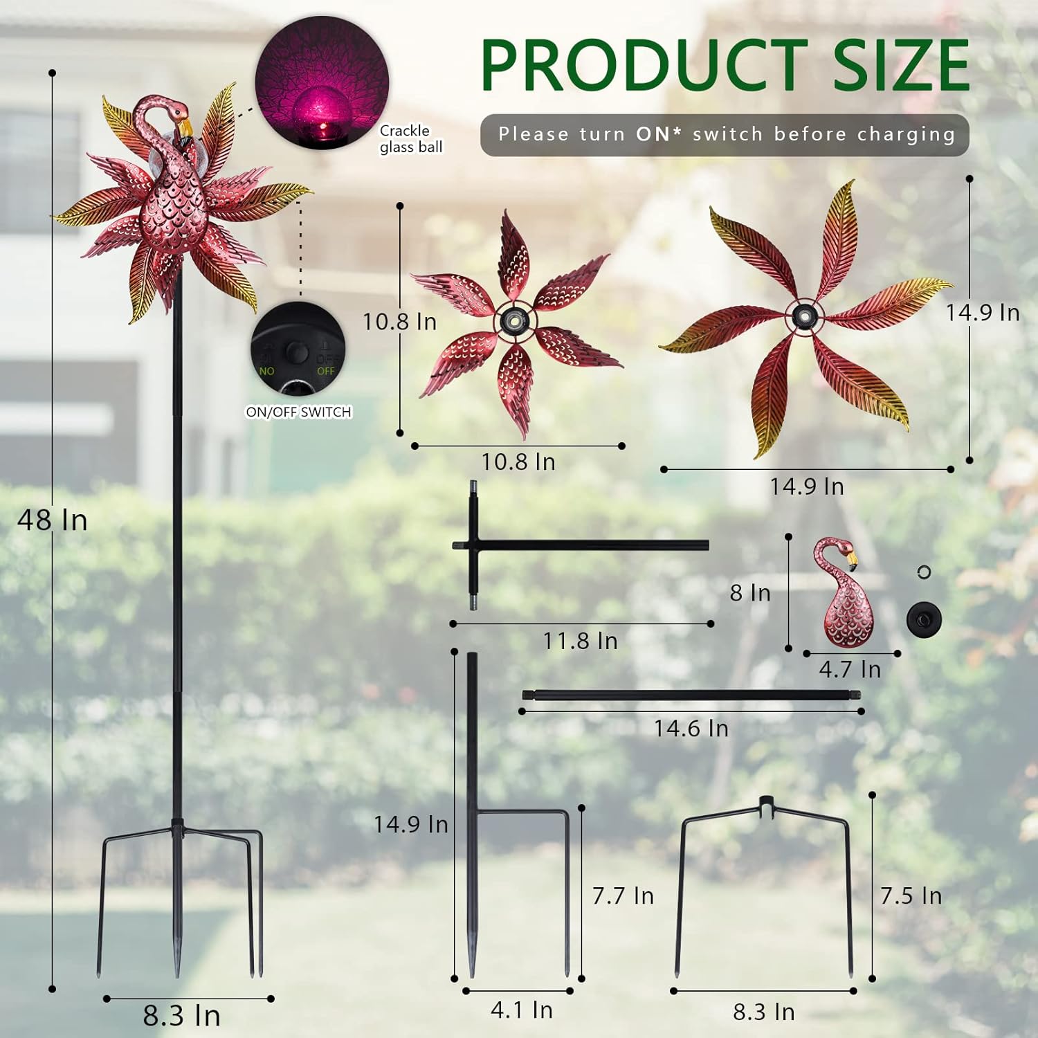 Solar Wind Spinner Outdoor Metal Kinetic Wind Spinners with LED Lighting Glass Ball Flamingo Wind Spinner with Stake Decorative Windmill for Yard Lawn Garden Patio Decor