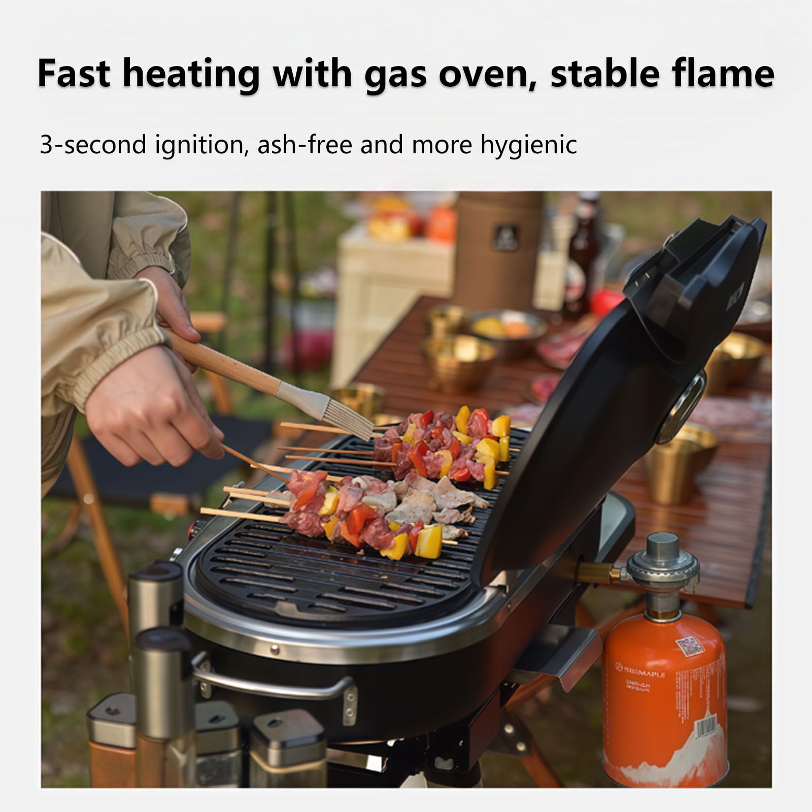 Griglia a gas portatile con doppio bruciatore, design pieghevole, termometro integrato, potenza 2,34 kW, griglie in ghisa per campeggio e cucina in giardino