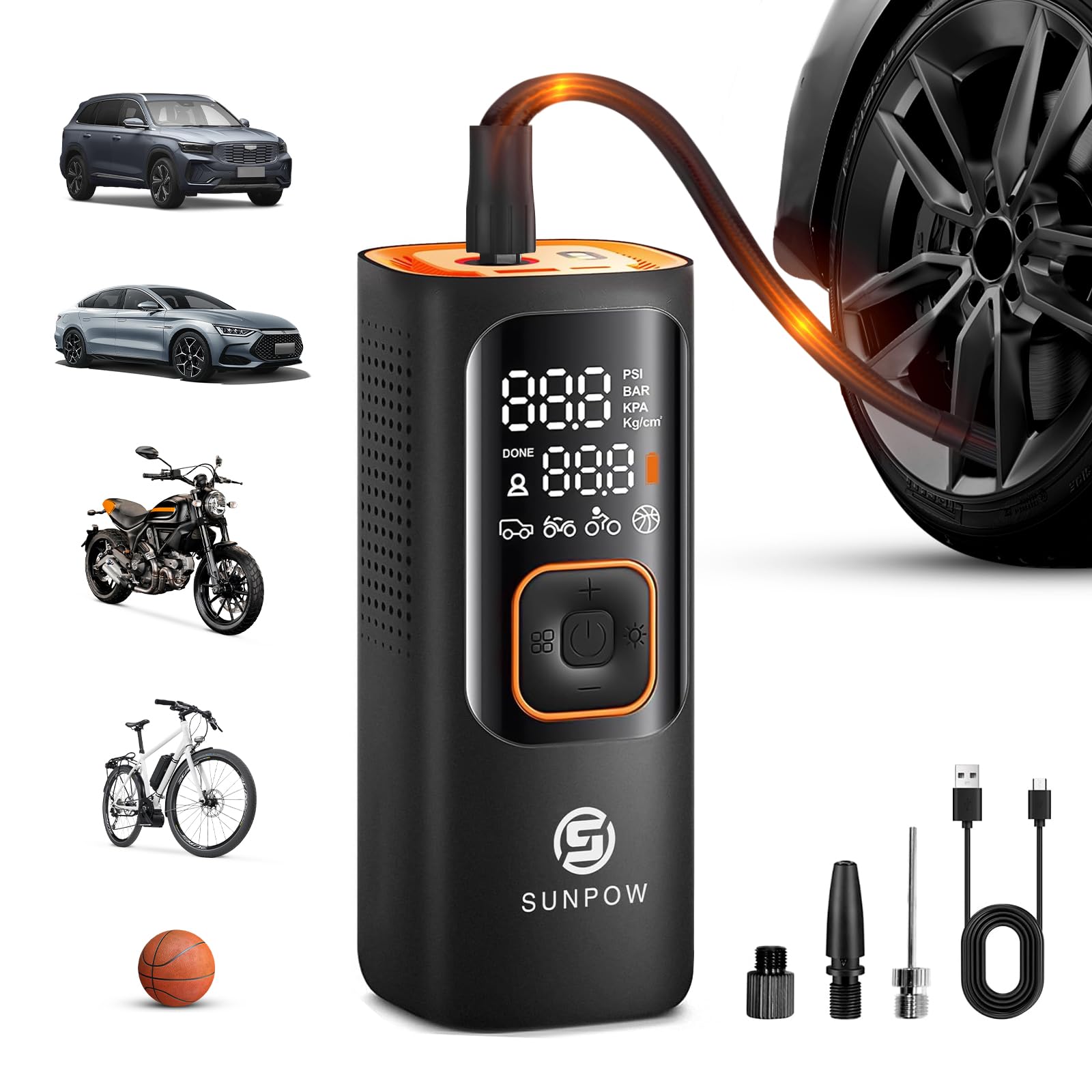 SUNPOW Compresor Aire Portatil, 160PSI & 2X (2 veces más rápido) MiNI Inflador de Neumáticos, 7500 mAh Bateria, Bomba Con Doble LCD Digital, Para Coche.