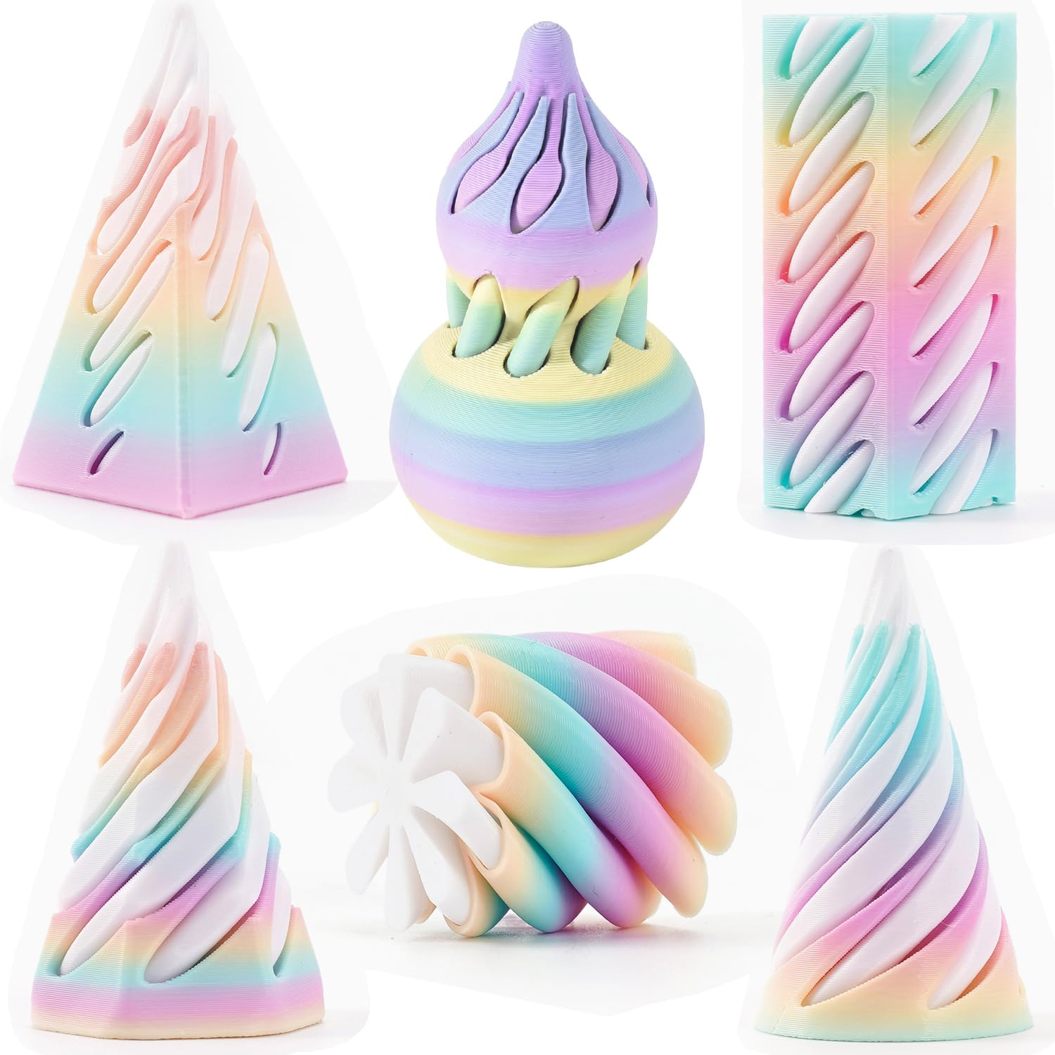 6 PCS 3D Printed Fidget Toy, 3D Printed Spiral Cone Fidget Toys, Fidgets Toys for Teen Rainbow Impossible Pyramid Passthrough Sculpture for Adults Teens Stress Relief Concentration