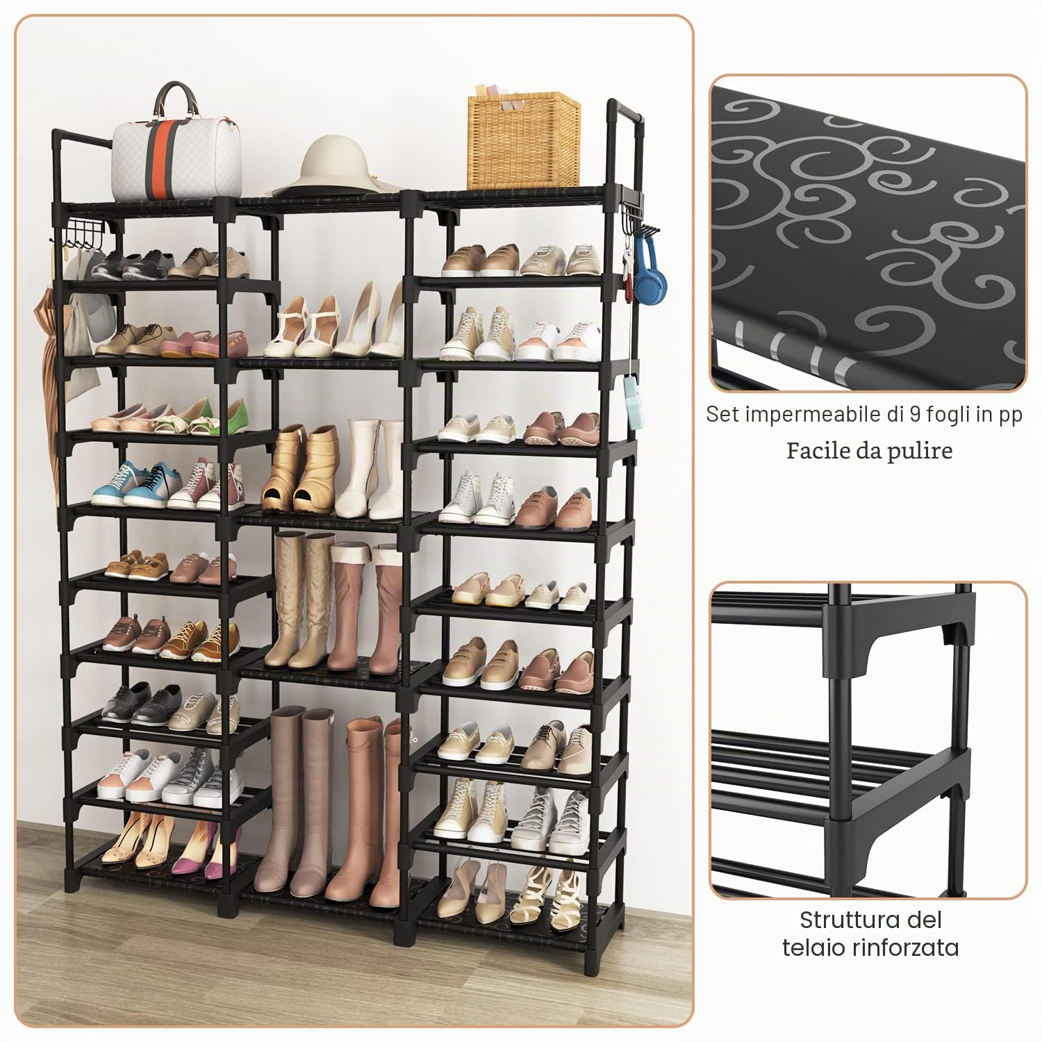 Vicye Scarpiera a 10 Livelli in Metallo, 54-62 Paia di Scarpe, A Risparmio di Spazio, Con Ganci per Ingresso Soggiorno Camera da Letto