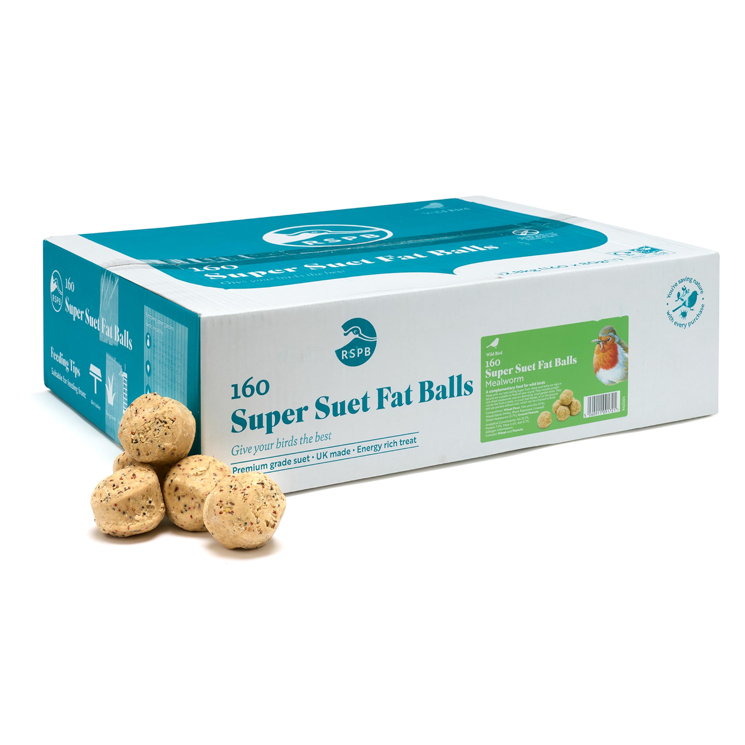 RSPB - Fat Balls, Bird Food for Outside Birds, High Energy Suet Balls with Mealworms, Made in the UK, Delicious and Nutritious, Suitable for Year-Round Feeding (Box of 160)