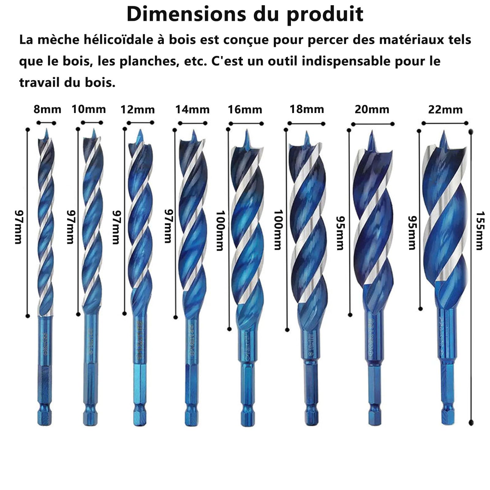 Lot de 8 foret bois hélicoïdaux –Tige hexagonale 6,35 mm – 8mm à 22mm – Foret à bois hélicoïdal adapté au bois dur et au bois tendre