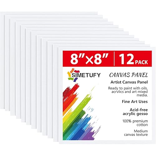 Simetufy 12 Pack 8x8 Inch Painting Canvas Panels Blank Square Canvas Boards for Painting, 8oz Gesso Primed Acid-Free 100% Cotton for Acrylics Paints