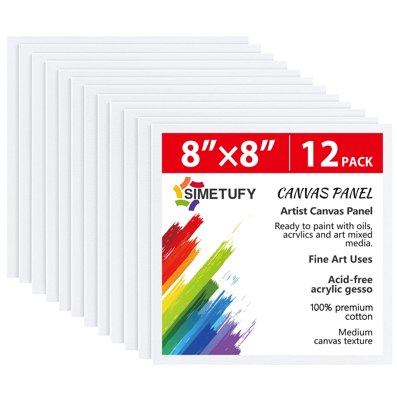 Simetufy 12 Pack 8x8 Inch Painting Canvas Panels Blank Square Canvas Boards for Painting, 8oz Gesso Primed Acid-Free 100% Cotton for Acrylics Paints