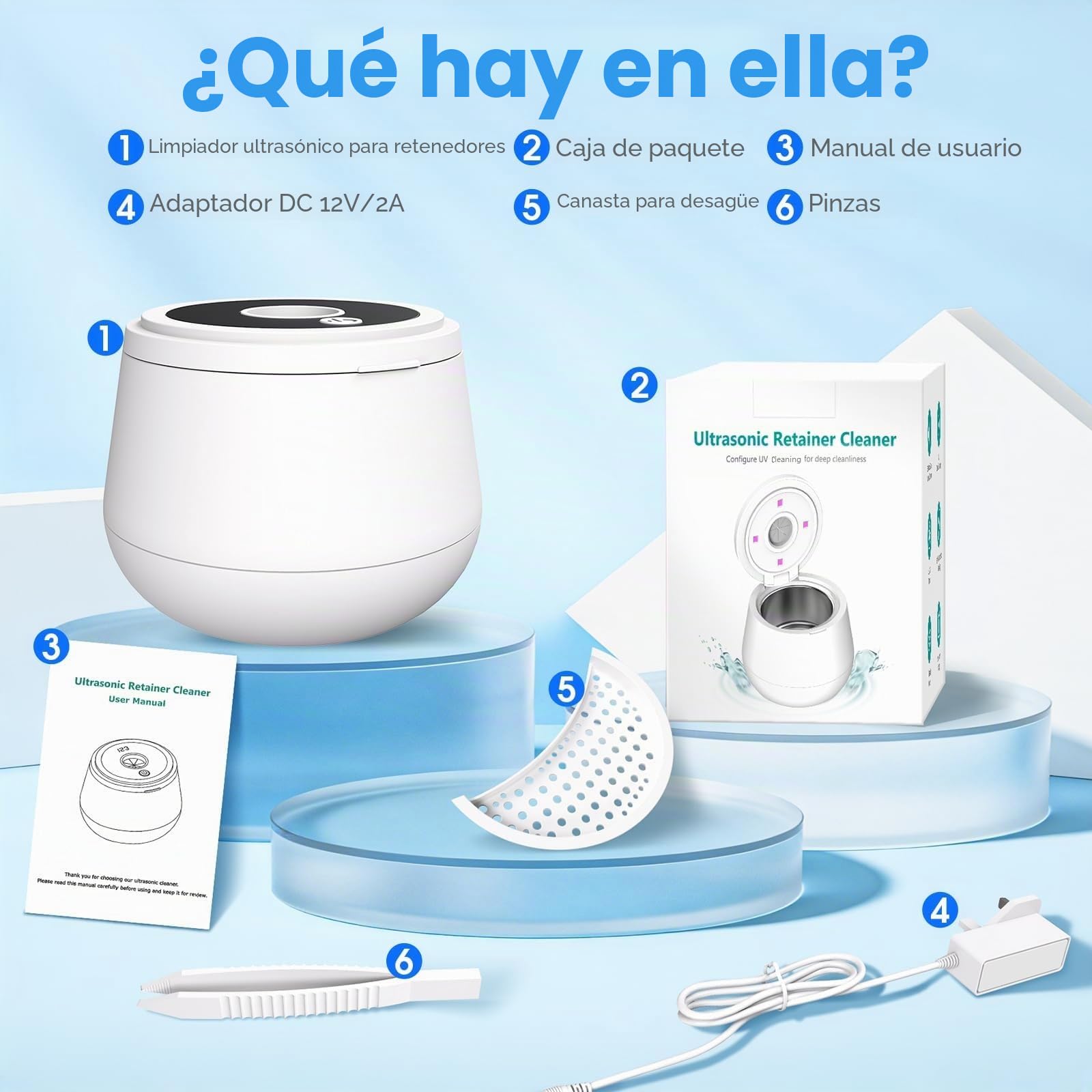 Limpiador de retenedores ultrasónico, 45 kHz, limpiador dental con cápsula y lámpara UV y 4 modos de limpieza, limpiador ultrasónico para joyas, alineador, protector nocturno, protector bucal
