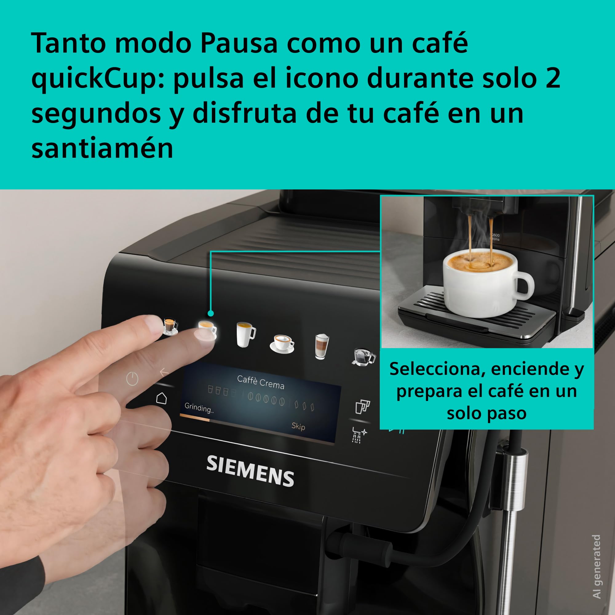 SIEMENS, Cafetera superautomática EQ600 iAroma Negro, TP601E09 | Facil de usar y limpiar, con molinillo y pantalla tactil. Prepara dos tazas a la vez