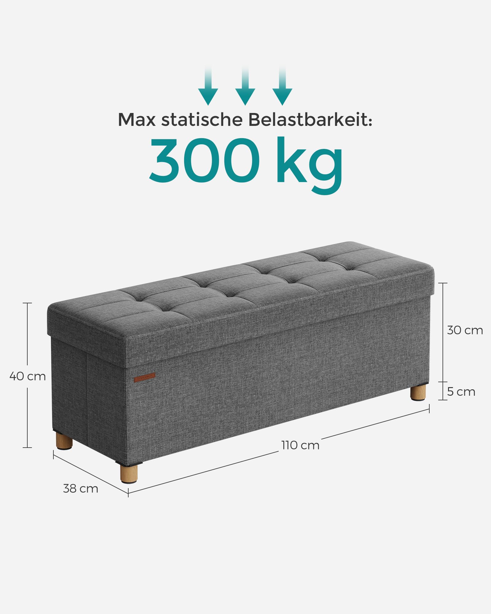 SONGMICS Sitzhocker mit Stauraum, klappbare Sitzbank mit Beinen, 38 x 110 x 40 cm Fußbank, Aufbewahrungsbox, bis 300 kg belastbar, für Wohnzimmer Schlafzimmer Flur, schiefergrau LSF018G11