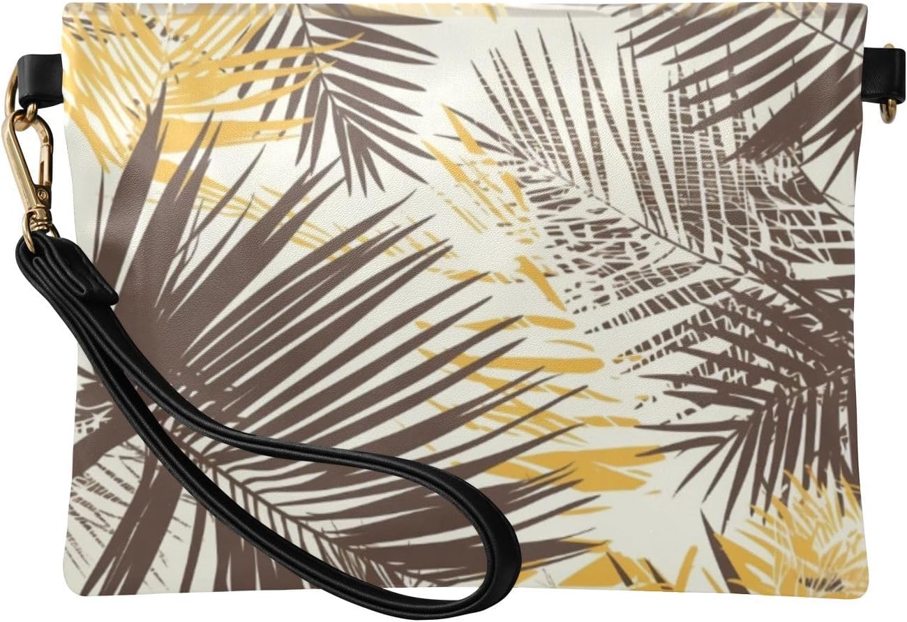 PU Leather Clutch Handbags for Women Minimalist Style Envelope Clutch Bag for Party Brownish Yellow Tropical Leaves
