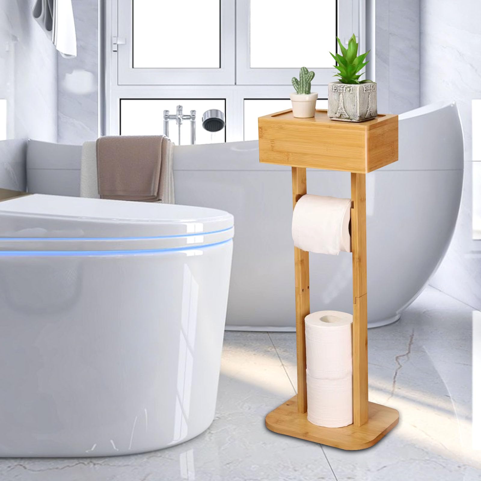 Wealone 4-in-1 White Freestanding Toilet Paper Holder with Top Storage Compartment, Bamboo Toilet Paper Holder Standing, Toilet Paper Holder with Wet