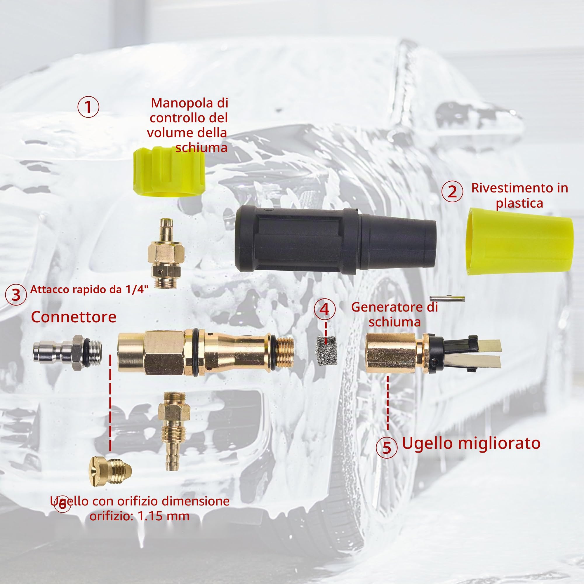 M MINGLE Pistola idropulitrice ad alta pressione, lancia schiuma da 4000 PSI Cannone Foam Blaster con connettore rapido da 1/4", kit di cannone in schiuma per lavaggio auto con 5 punte ugello