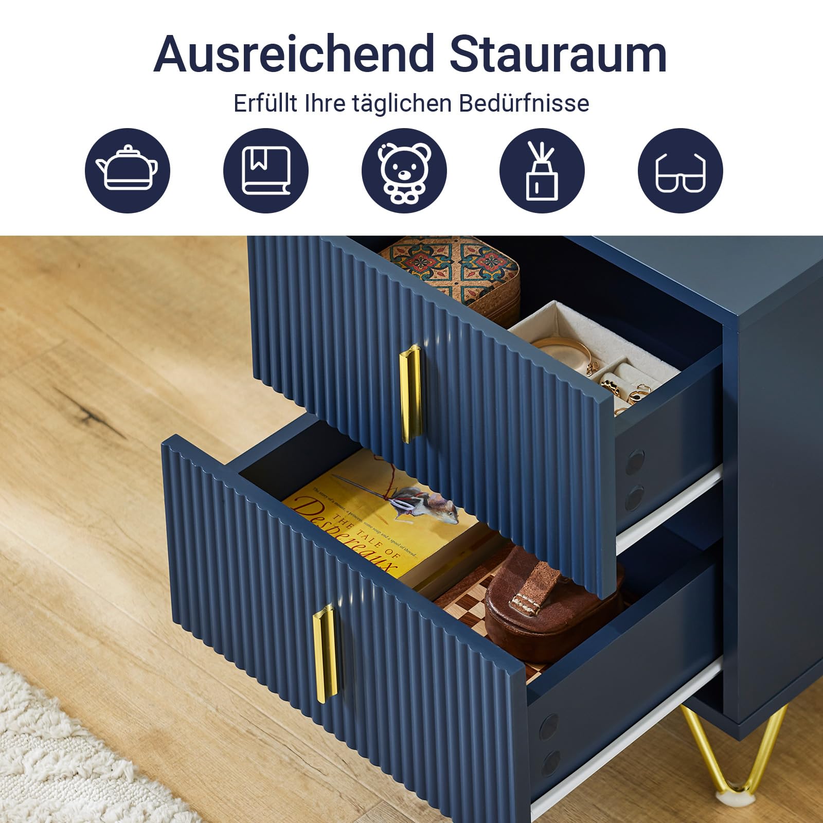 SoBuy Nachttisch, Nachtschrank mit 2 Schubladen, Moderner Beistelltisch für Schlafzimmer und Wohnzimmer, Blau B40 x T40 x H47 cm FBT115-B