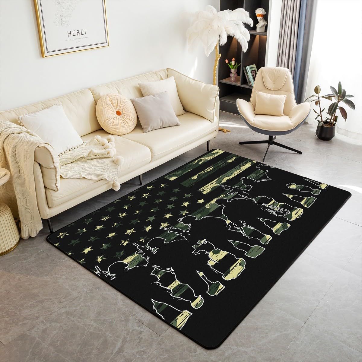 Erosebridal American Flag Camo Carpet for Boy Teens Gilrs Kids Army Green Camouflage Area Rug 5x6'6'' Adult Men Soldier Silhouettes Indoor Floor Mat Military Style Camo Accent Rug Set, Washable
