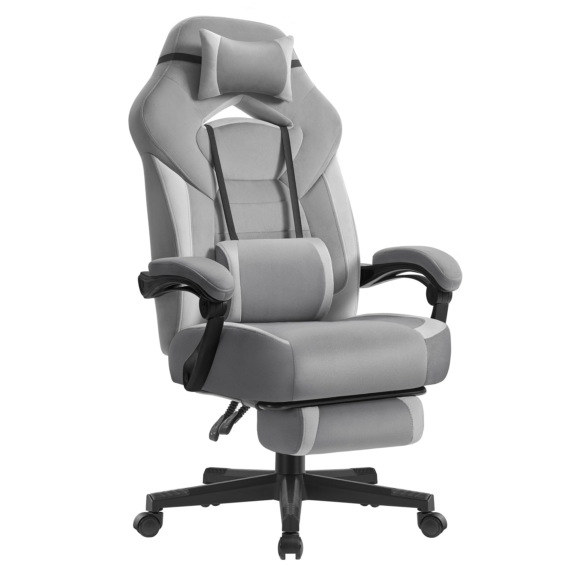 SONGMICS Fotel gamingowy, krzesło biurowe, krzesło komputerowe, ergonomiczny design, z podnóżkiem, regulowanym zagłówkiem, poduszką lędźwiową, nośność 150 kg, kolor łupkowo-gołębi OBG077G02