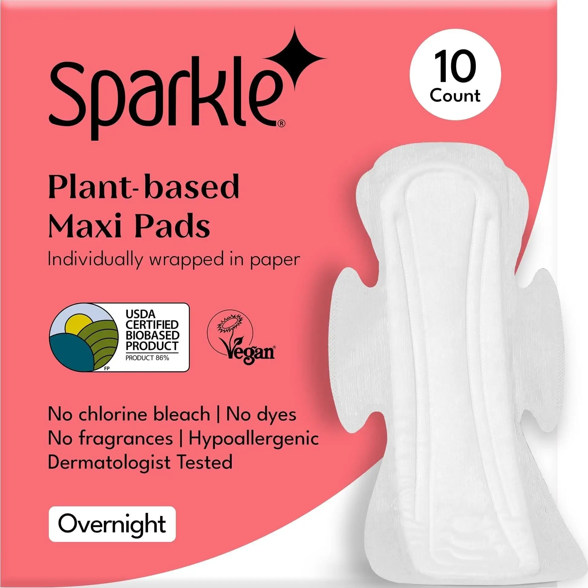 Sparkle Sanitary Pads for Women Overnight, Plant-Based Maxi Pads with Wings | Feminine Pads | Organic Pads | Period Pad Softer Than Cotton Pads, Heavy Absorbency, Unscented (Overnight Pads, 10 Count)