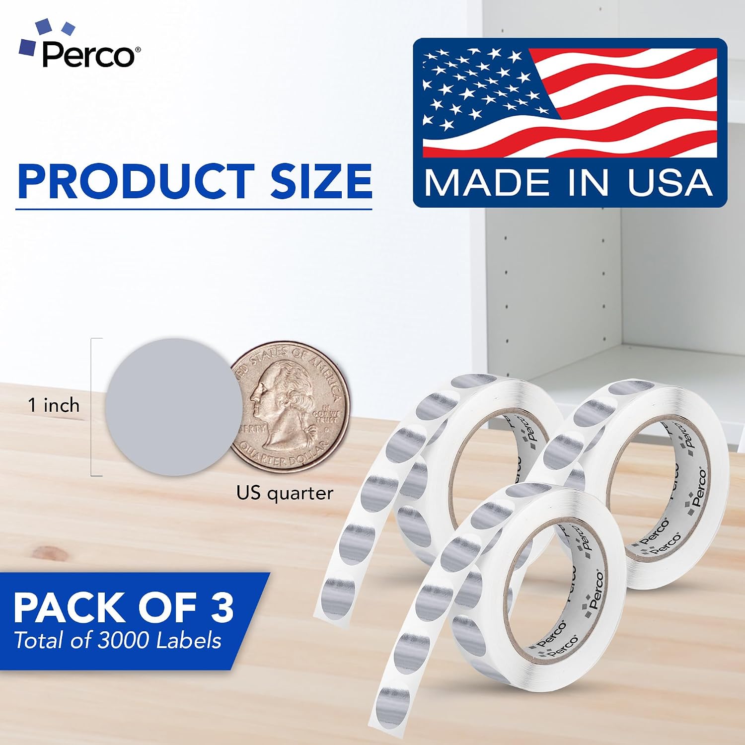 Perco Metallic Silver Perforated Round Circle Dot Sticker 1-Inch Labels — 3 Rolls, 3,000 Stickers - Asset Tags, Equipment Labels & Modern Identification - Made in USA