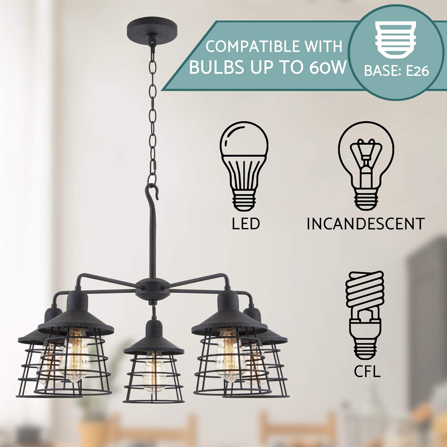 Flаѕh Sаlе Kira Home Rowan 26 5-Light Rustic Farmhouse Chandelier + Metal Cage Shades, Industrial Hanging Light for Foyer, Dining Room, Kitchen,Textured Black Finish