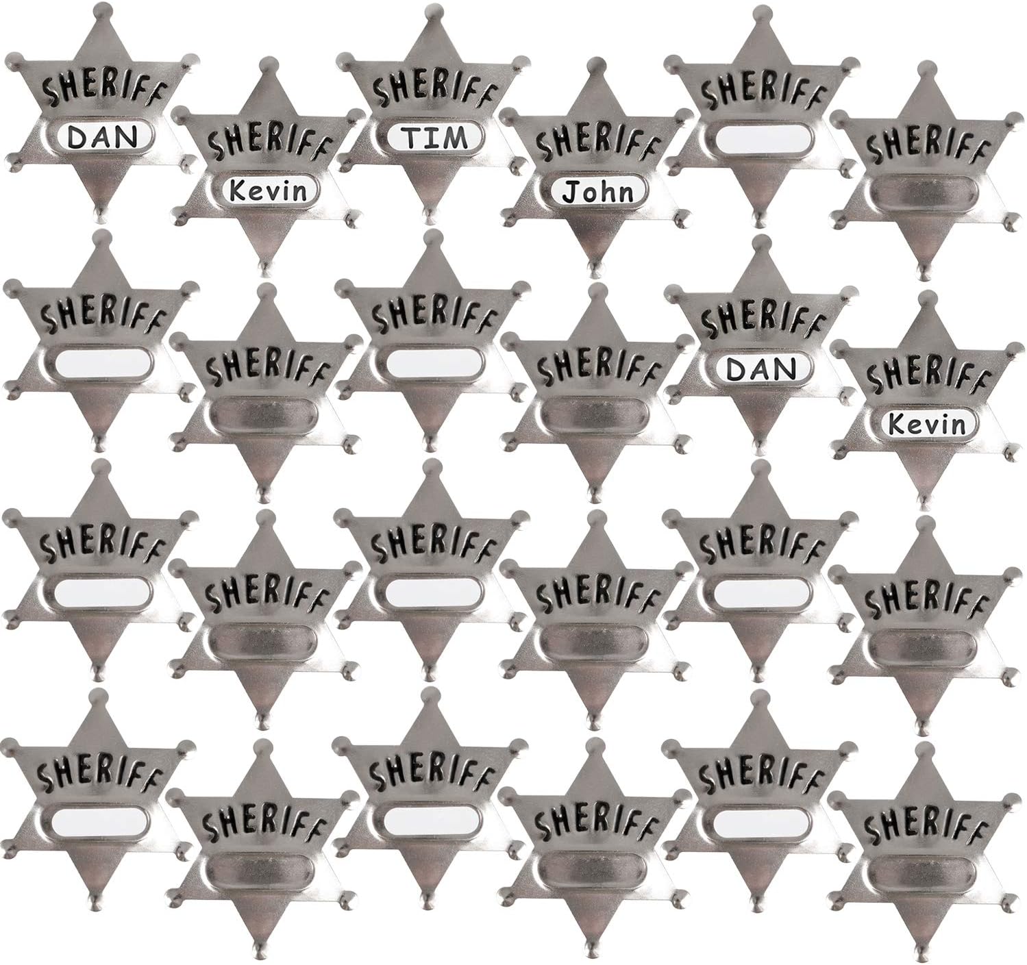 Bedwina Metal Sheriff Badges - (Pack of 24) Silver Star Name Badges with Stickers for Personalized Names, Western Cowboy Dress Up Deputy's Badge Toys for Kids Birthday Party Favors, Giveaways & More