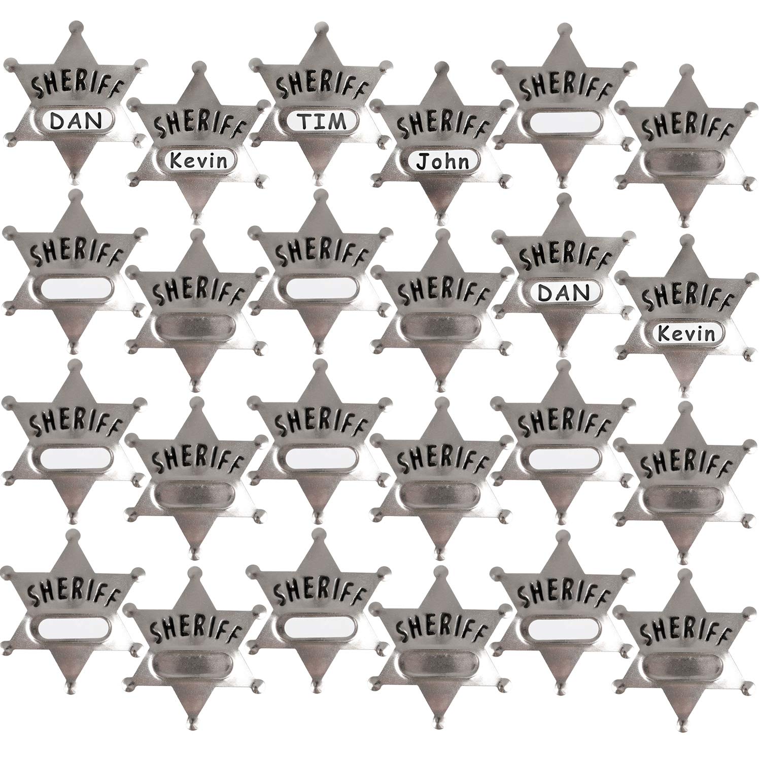 Bedwina Metal Sheriff Badges - (Pack of 24) Silver Star Name Badges with Stickers for Personalized Names, Western Cowboy Dress Up Deputy's Badge Toys for Kids Birthday Party Favors, Giveaways & More