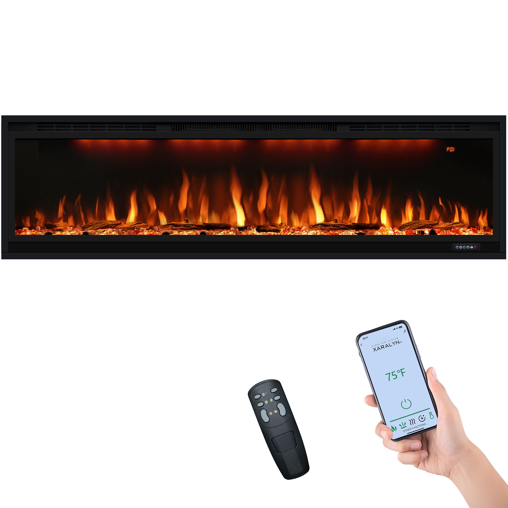 Dreamflame Electric Fireplace 60 inch  Recessed& Wall Mounted Fire Place Heater  Remote Linear in-Wall Fireplace Inserts  Multicolor Flame Options  Thermostat Chimenea  Thin Frame  1500W  Black