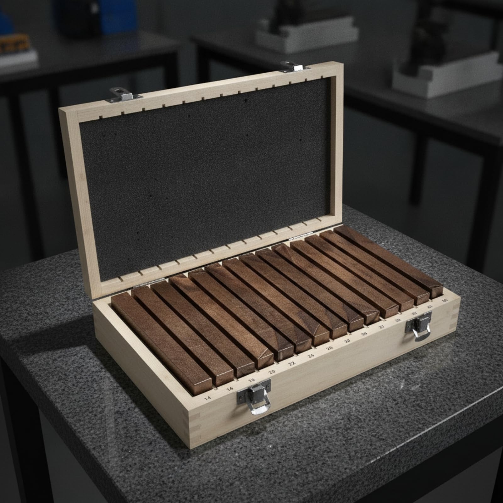 Höhenklötze mit Holzaufbewahrungskoffer | Maßgenauigkeit unter 0,005 mm, bearbeitete Auflageflächen, gleichhohe Messklötze aus legiertem, Werkzeugmacher, 150x3mm