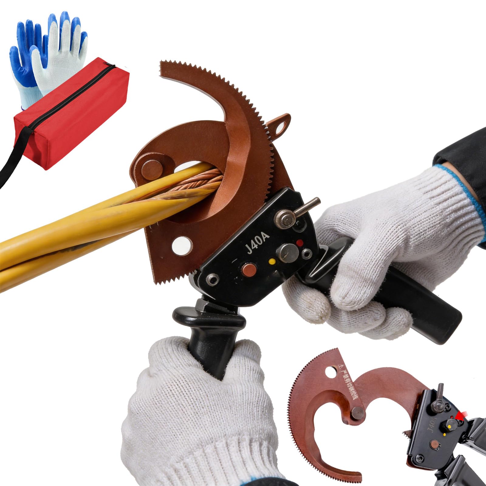 Ratschen-Kabelschneider, Elektronik Seitenschneider, Kupfer-Aluminium Kabelschere – bis 300 mm² / Ø40 mm, Einhandbedienung mit ergonomischem Anti-Rutsch-Griff