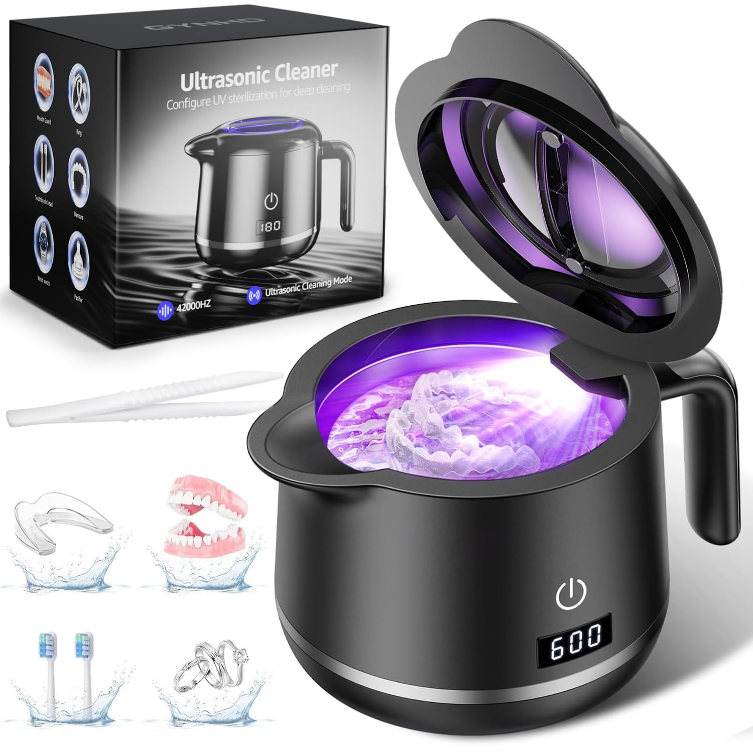 GYNHD Dental Ultrasonic Retainer Cleaner Machine: Dental Cleaning Pod for Denture/Mouth Guard/Aligner/Night Guard/Braces/Toothbrush Heads/Jewelry -