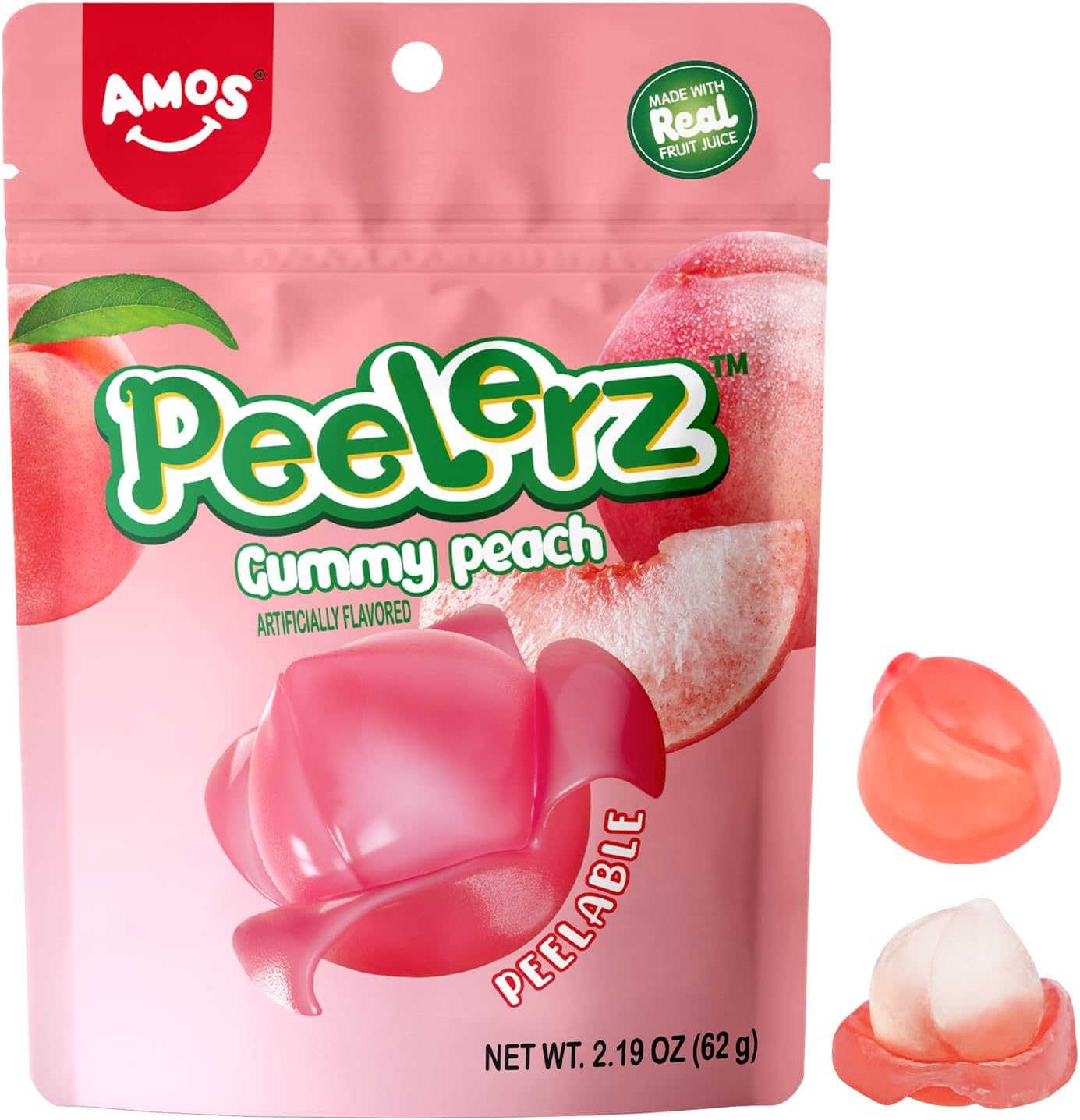 Amos Peelerz Gummy Peach Peeling Candy, Peelable Fruit Snacks, Resealable 2.1...