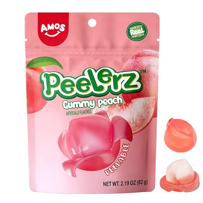 AMOS - Peelerz Gummy Peach Candy (65g) | Peelable Peach Flavoured Gummy Candy Made With Real Fruit Juice | Soft Chewy Gu