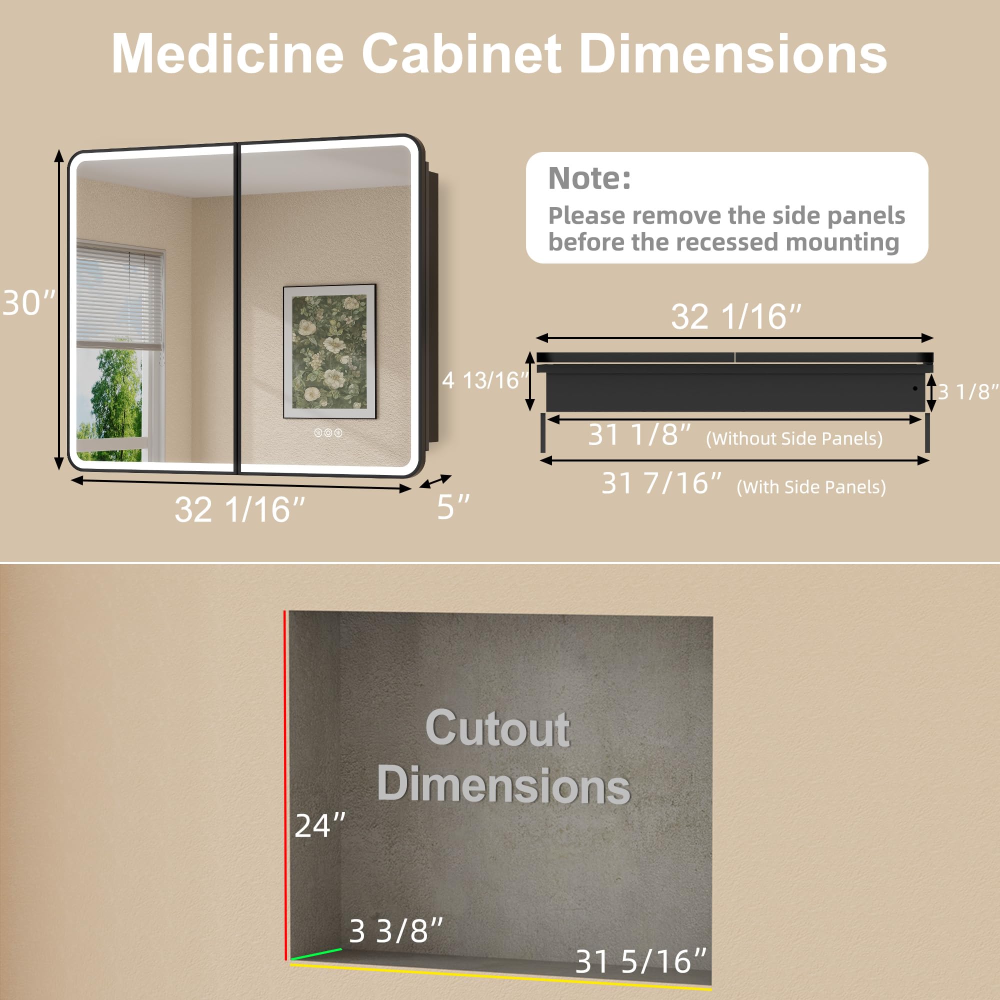 Armoire à pharmacie LED de 81,3 x 76,2 cm avec miroir, certifiée UL, à intensité variable, fonction anti-buée et mémoire, 3 modes de couleur, encastrée ou murale, étagère réglable, noir