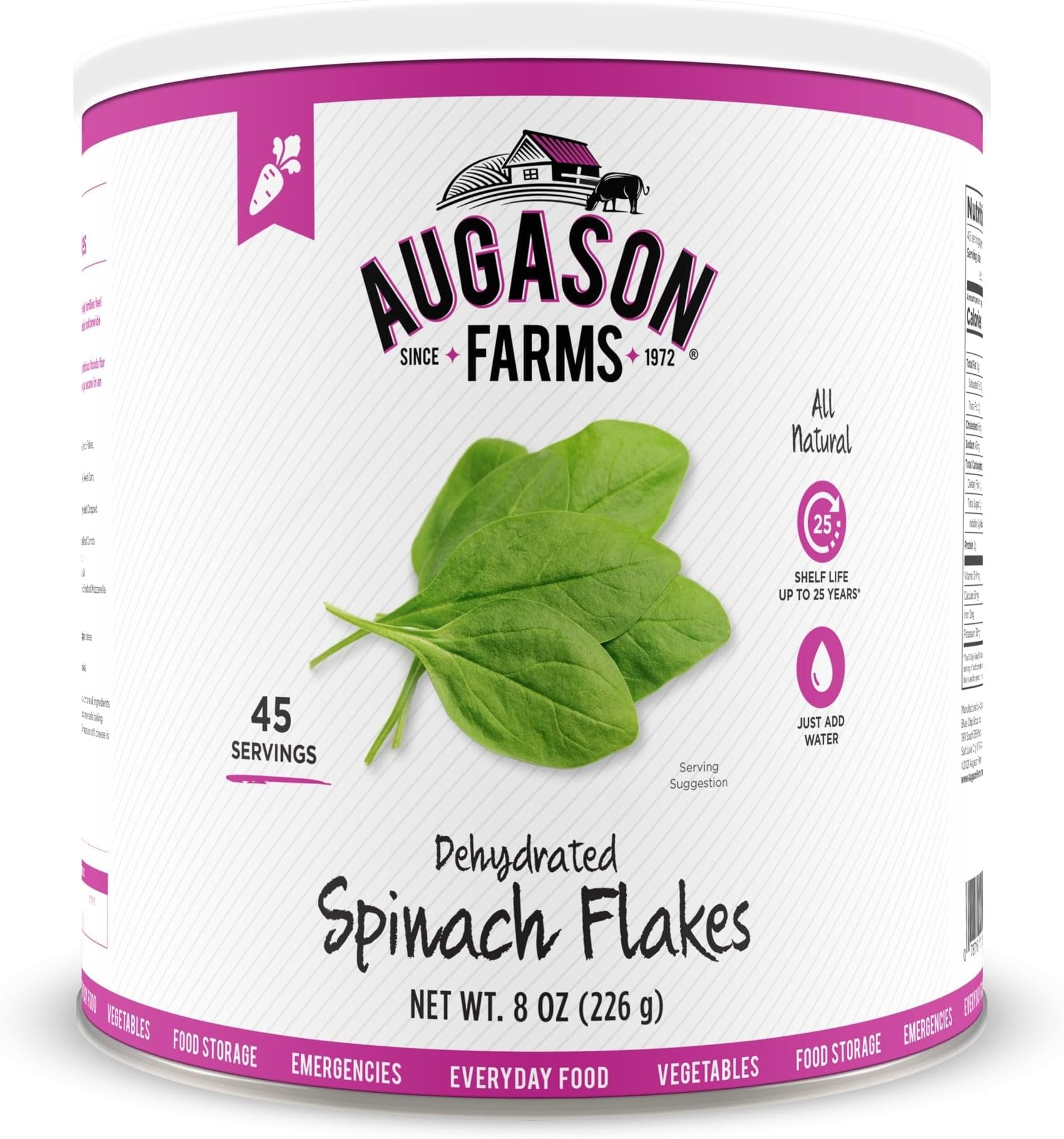 Augason Farms Dehydrated Spinach Flakes Can, Emergency Food Supply, Everyday Meals, 45 Servings