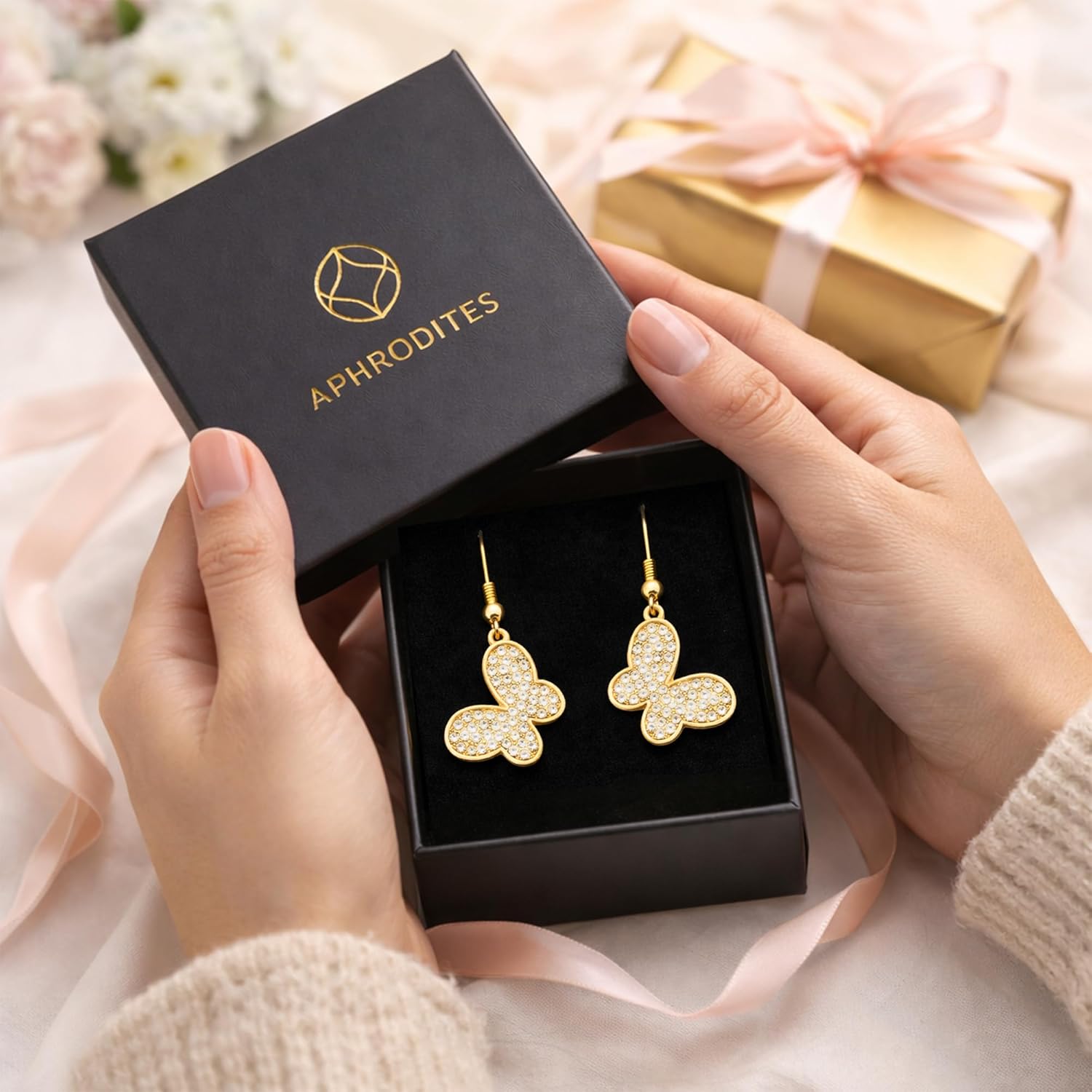Aphrodite's Gold Crystal Butterfly Earrings – Gold Plated Dangle Butterfly Earrings for Women, Sparkling Butterfly Charm Jewelry