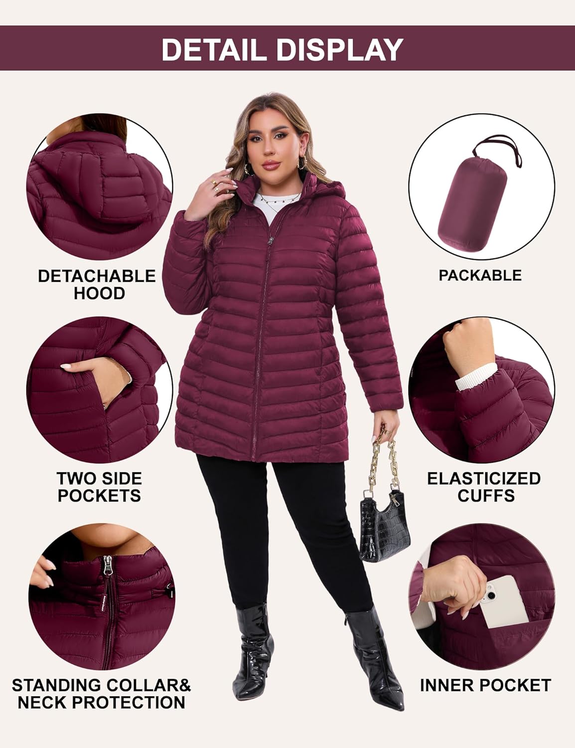 ANOTHER CHOICE Plus Size Puffer Jacket for women, Packable Hooded Lightweight Travel Puffy Jacket (1X-6X) - Image 5