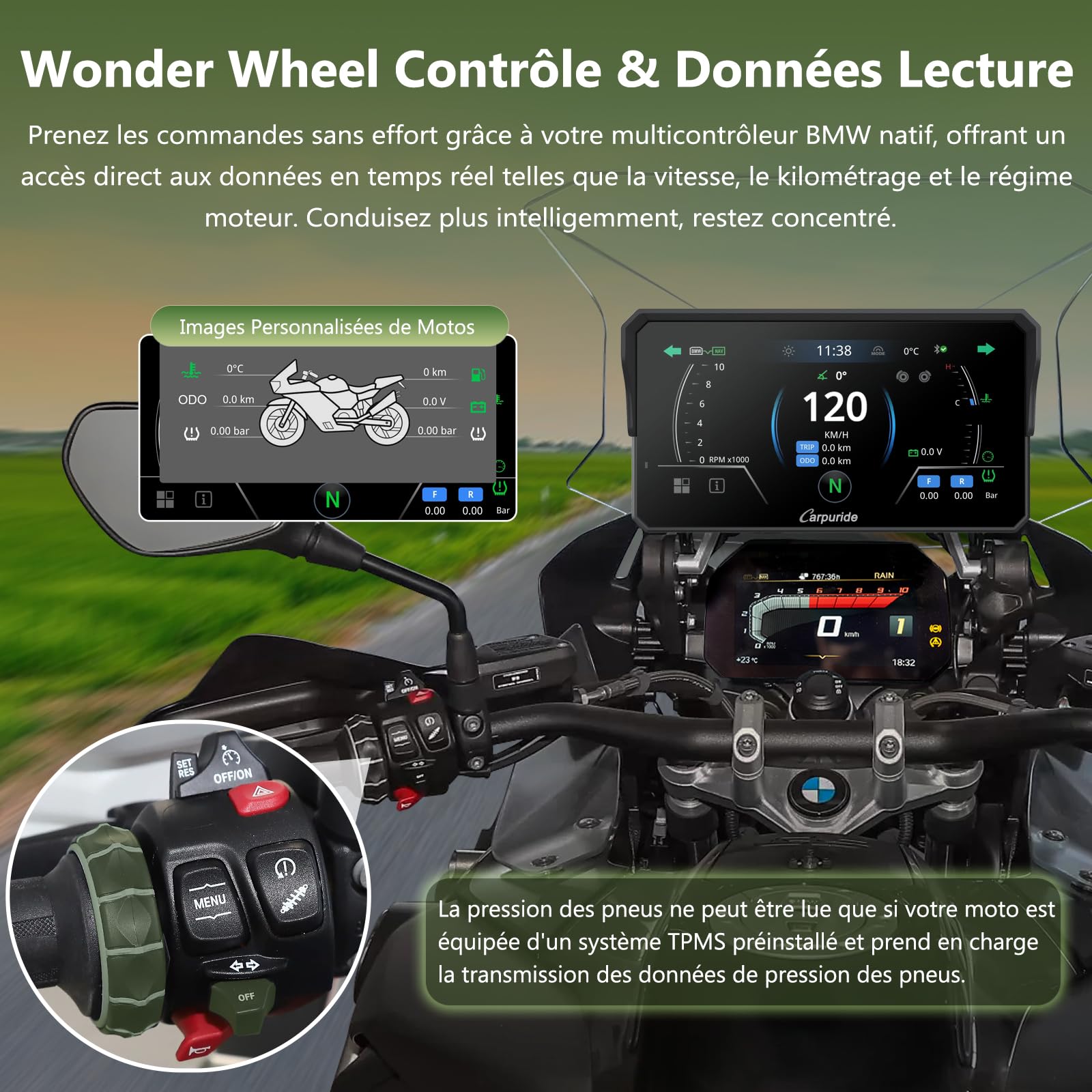 Carpuride W602BS Pro Carplay Écran pour BMW Motos, Natif Wonder Wheel Contrôle & Données Lecture, Sans Fil CarPlay & Android Auto, 6,25" Étanche Tactile Écran, OTA, Double Bluetooth, Interphone, Navi.