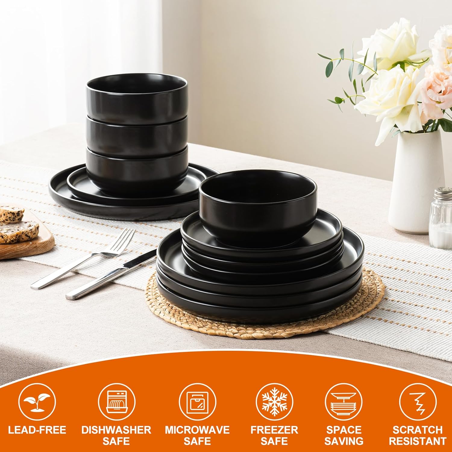 EWFEN Plates and Bowls Sets, 12 Pieces Ceramic Dinnerware Set for 4, Stoneware Dishware Dishes Set, Scratch Resistant Dishes Set, Dishwasher & Microwave Safe, Black - Image 8