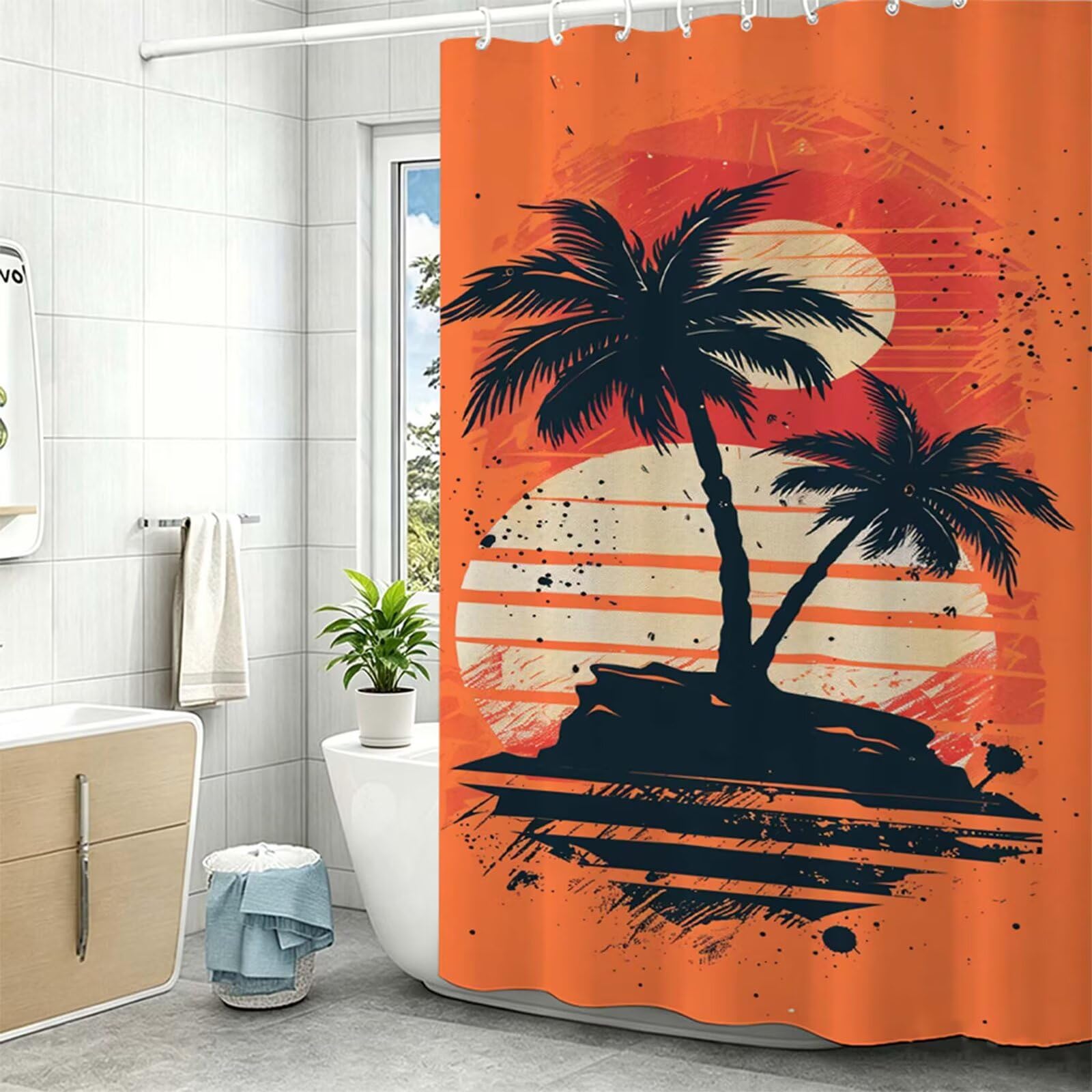 Tenda Doccia in Poliestere Arancione bruciato,Tende per Doccia Extra Lunga 180x240cm,palme da cocco Tenda Vasca da Bagno Tessuto Lavabile,Facile da Pulire 12 Ganci,Decorazione per Bagno,Hotel Z-482