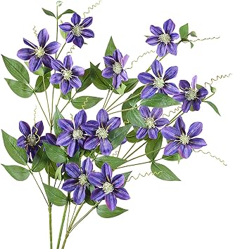 Wedding Artificial Clematis Realistic Branch with Stem Green Leaves Home Party Faux Flower Decoration Fake Flowers for Indoor Outdoor Garden Lifelike Dark Purple
