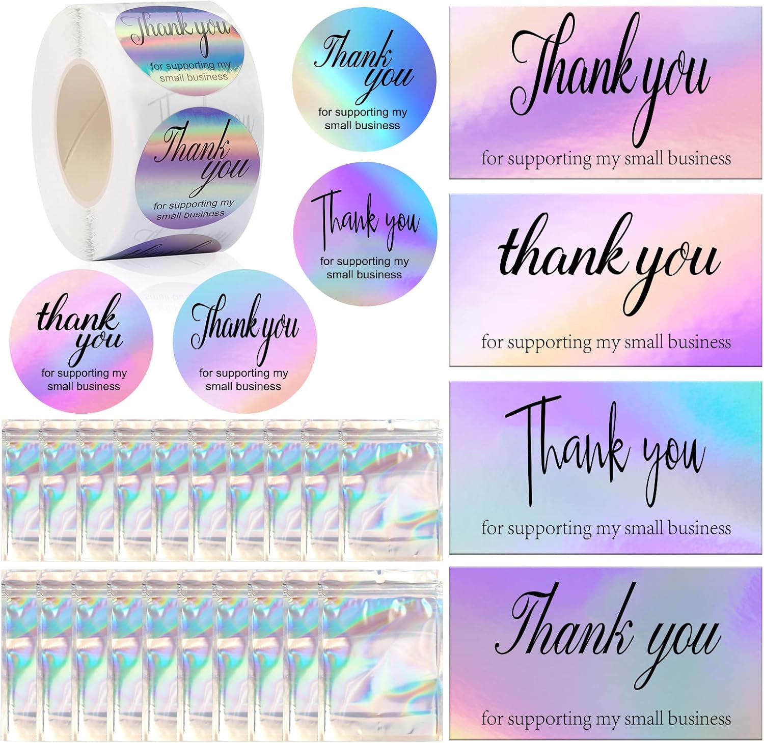 620PCS Thank You Cards and Stickers Set, Holographic Silver Thank You Business Card 500 Piece 1.5 inch Thank You Roll Labels 20PCS Smell Proof Mylar Bags for Business Owners