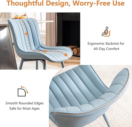 Miniatura 5 de YOUNUOKE Mid-Century - Juego de 2 sillas de comedor modernas tapizadas de piel sintética azul con patas de metal azul, silla decorativa sin brazos