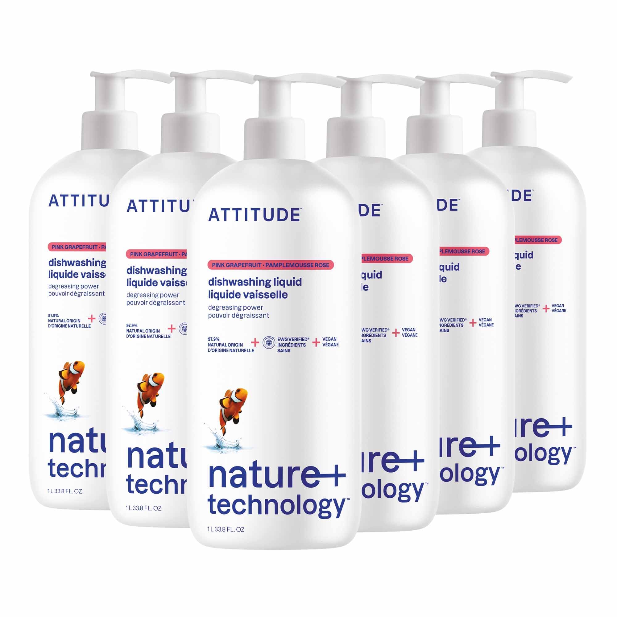 ATTITUDE Dish Soap, EWG Verified, Plant-Based & Vegan Dishwashing Liquid, Naturally Derived, Pink Grapefruit Scent, 33.8 Fl Oz (Pack of 6)