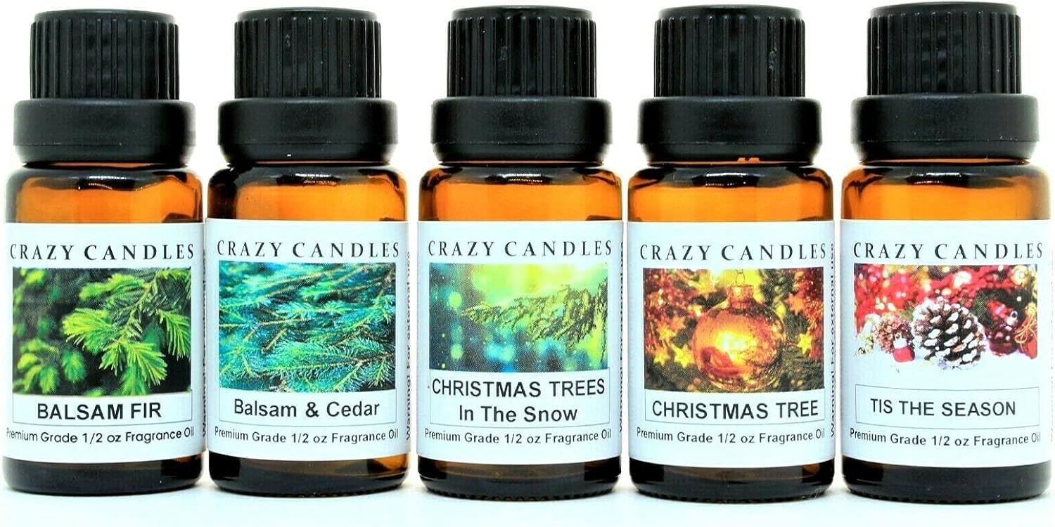 Crazy Candles 5 Bottle Set (Made in USA) 1 Balsam & Cedar, 1 Balsam Fir, 1 Christmas Trees, 1 Christmas Tree in The Snow, 1 Tis The Season 1/2 Fl Oz Each (15ml) Premium Grade Scented Fragrance Oils