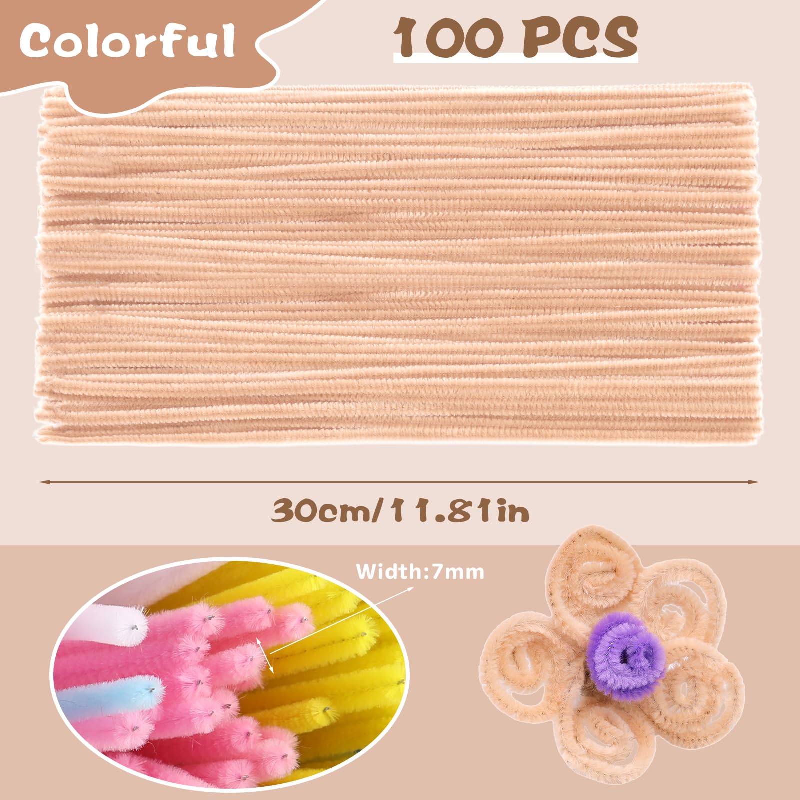 100 Pieces Pipe Cleaners Chenille Stem, Beige Color Pipe Cleaners Set for Pipe Cleaners DIY Arts Crafts Decorations, Chenille Stems Pipe Cleaners (7 mm x 12 Inch)