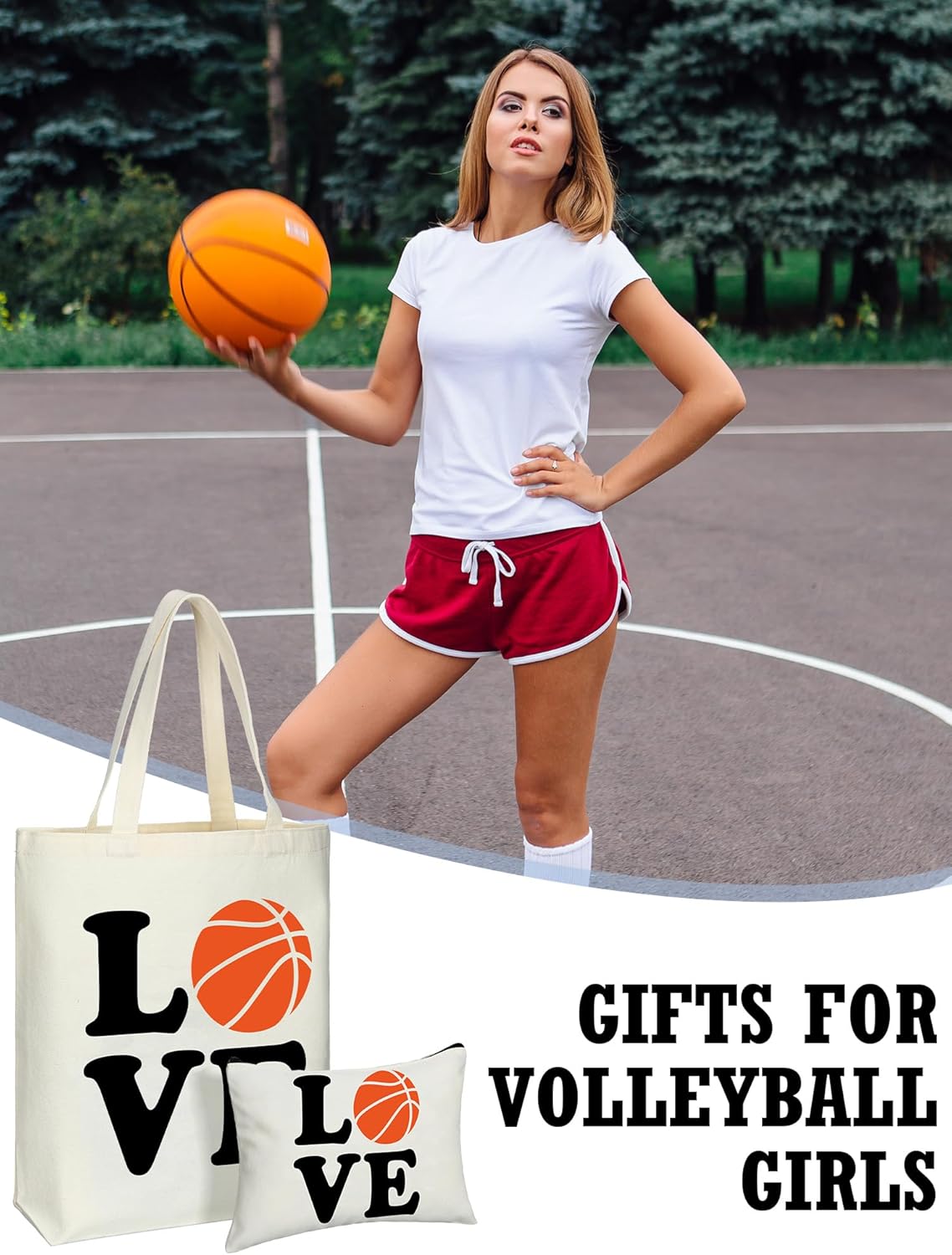 Huhumy 18 Pcs Volleyball Basketball Gifts for Women Cosmetic Bag Canvas Tote Bags Set for Teen Makeup Travel Players Teams(Basketball)
