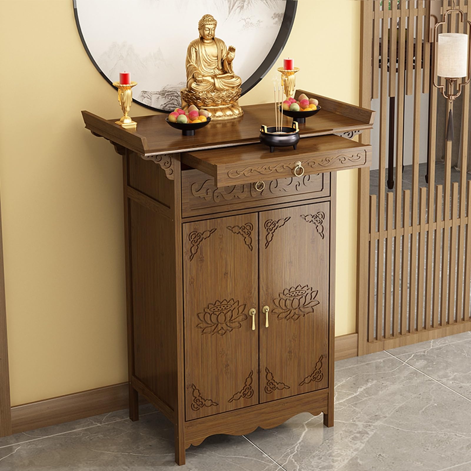 Mueble de altar personal de alta presencia con estante extraíble para rituales de puja