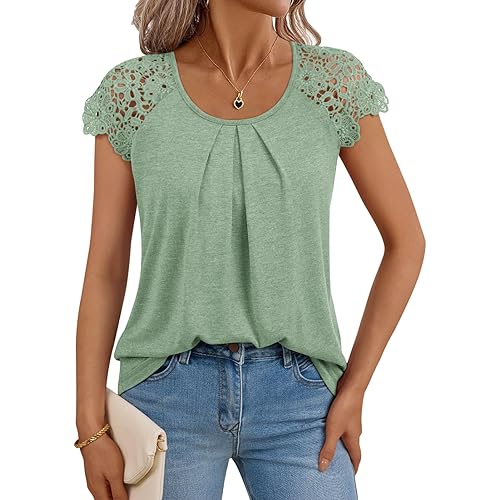 LILLUSORY Lace Short Sleeve Shirts Womens Summer Crew Neck Tops Casual Dressy Tshirt Blouses