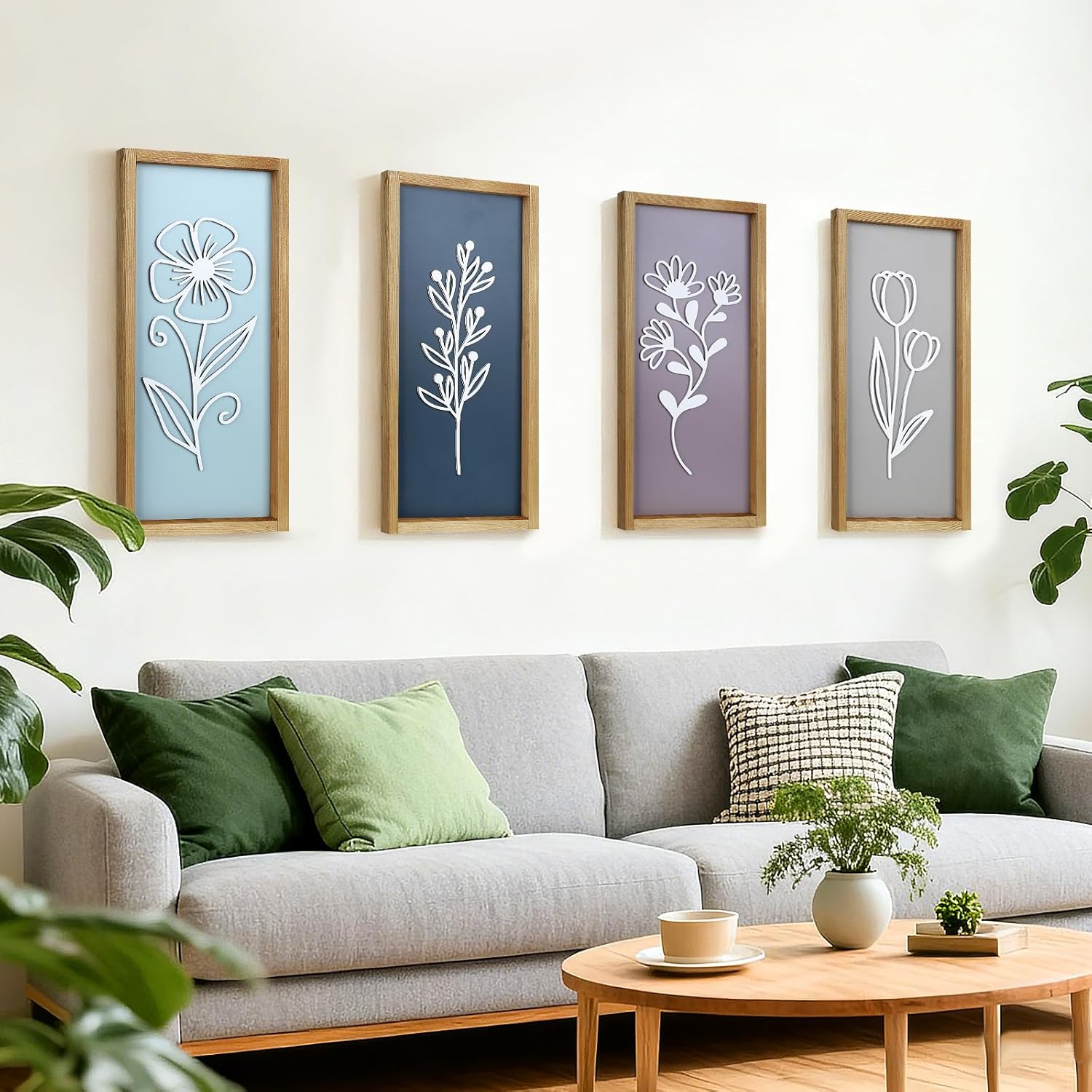 YIYA 4 PCS 3D Wooden Floral Wall Decoration Lightweight Ready-to-Hang Framed Boho Botanical Art Minimalist Farmhouse Decor for Living Room Bedroom Office - Gift-Boxed Vintage Home Decor