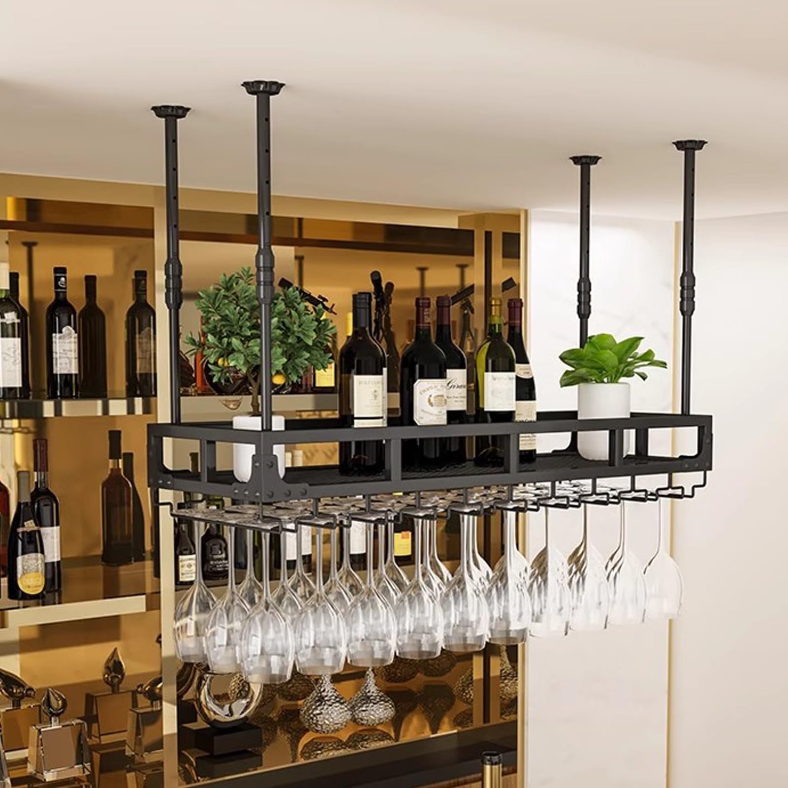 Casier à vin suspendu et support pour verres en métal pour étagère plafond