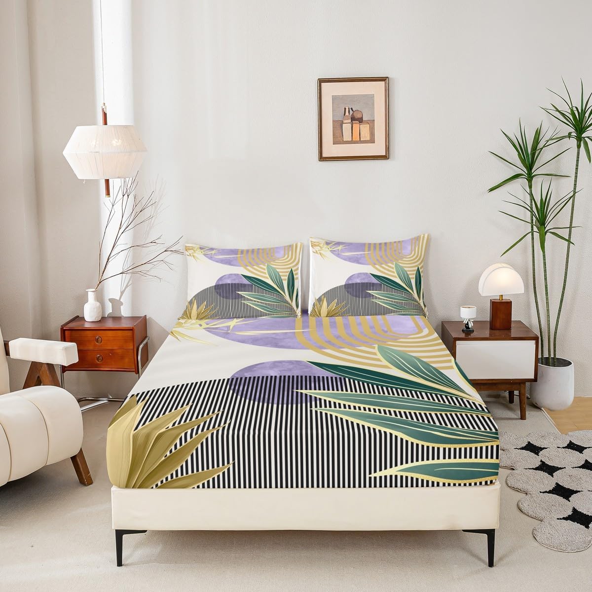 Erosebridal Mid Century Bed SheetsFull Size Abstract Bohemian Aesthetic Fitted Sheet,Minimalist Modern Boho Bedding Set Vintage Geometric Circle Line Sheets,Purple Gold