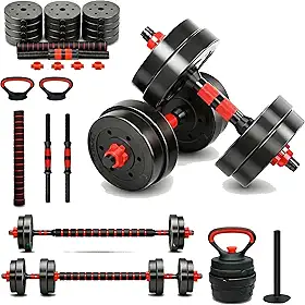 Kit Halteres Ajustáveis Até 30kg MK FIT com Barras, Anilhas e Kettlebell 6 em 1, Pegada Ergonômica Antiderrapante, Ideal para Musculação em Casa, Treino Em Casa Completo Corpo Inteiro Preto E Vermelho