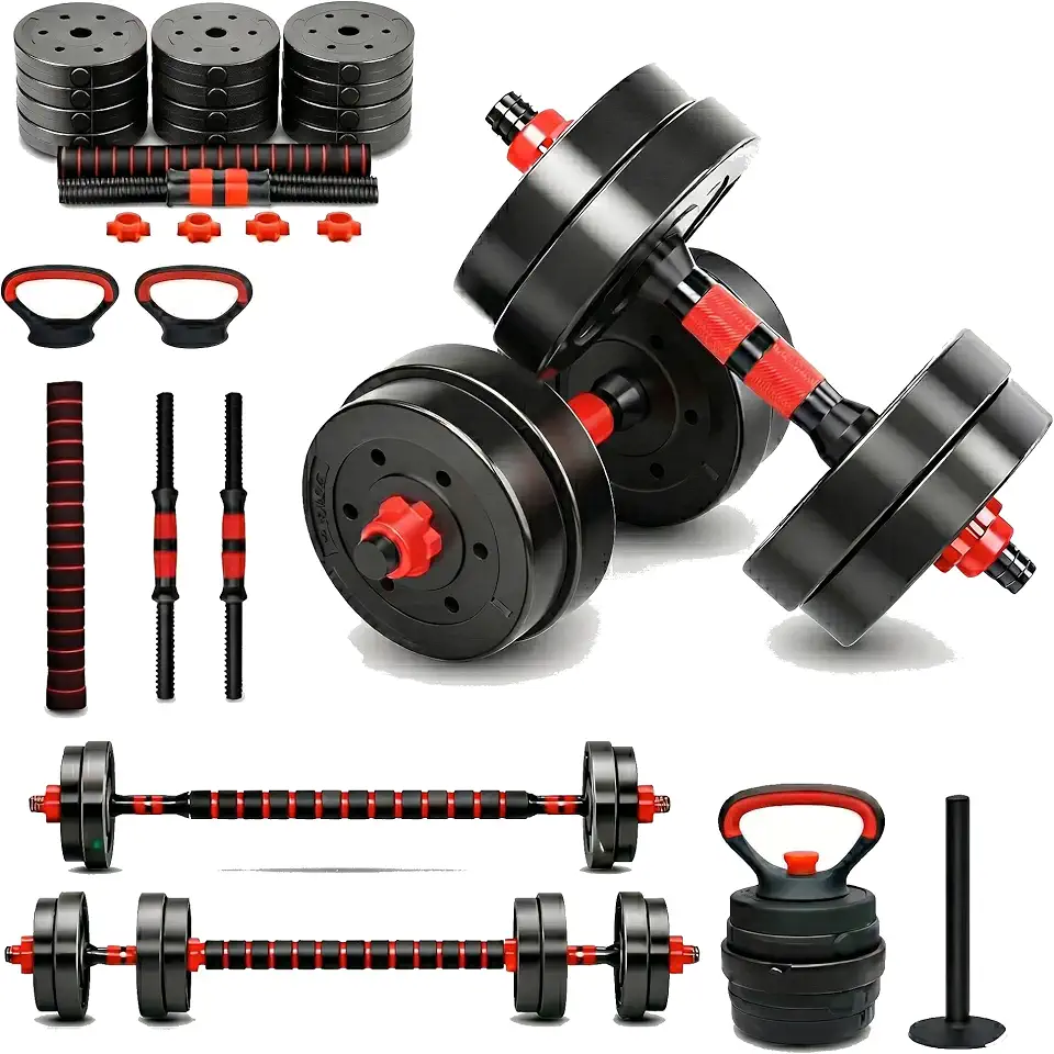 Kit Halteres Ajustáveis 30kg MK FIT com Barras, Anilhas e Kettlebell 6 em 1, Pegada Ergonômica Antiderrapante, Ideal para Musculação em Casa, Treino Completo Corpo Inteiro Preto e Vermelho